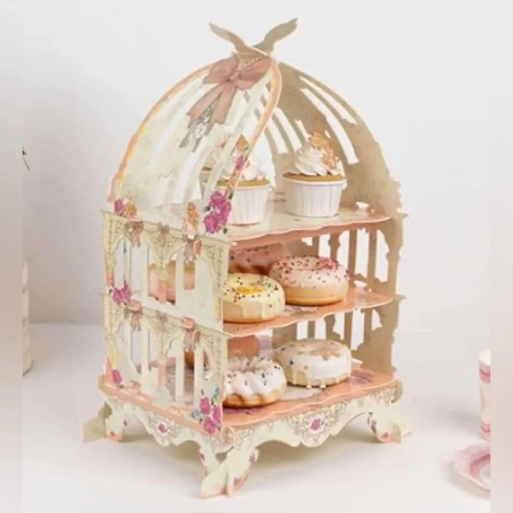 Pink Floral Three-Tier Decorative Dessert Stand - Elegant Party Display